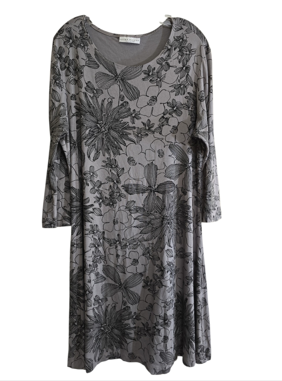 Bryn Walker Irys Gray Floral Jersey Knit Tunic Dress Large USA Made Lagenlook - Picture 2 of 7